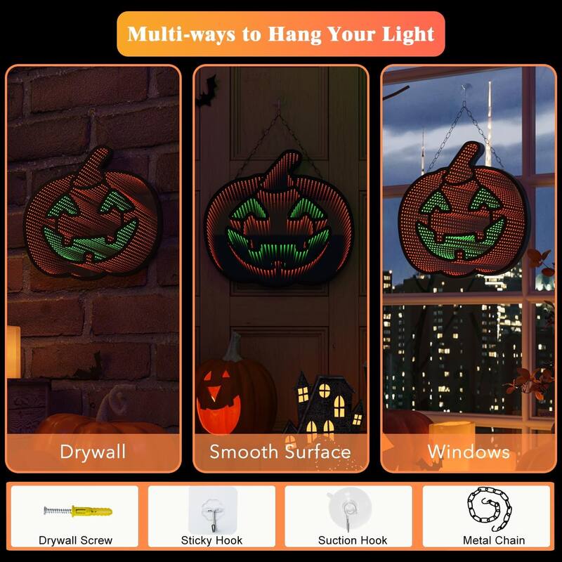 3D Pumpkin LED Infinity Mirror, 12x13", Orange/Green Halloween Motif, USB/Batt