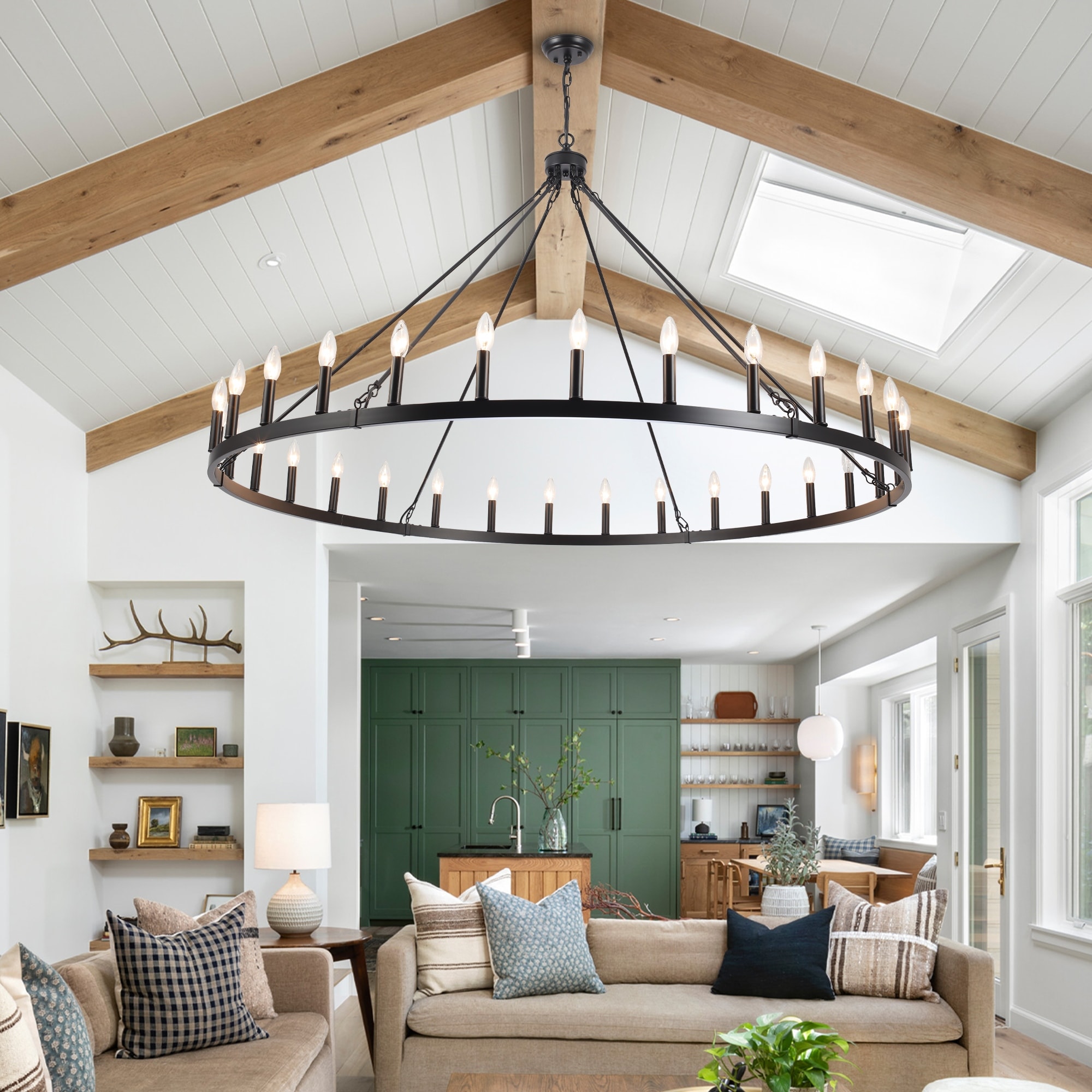 Vyolette 60 in. 30-Light Extra Large Farmhouse Round Wagon Wheel Chandelier, Classic Dining Room Living Room Chandelier