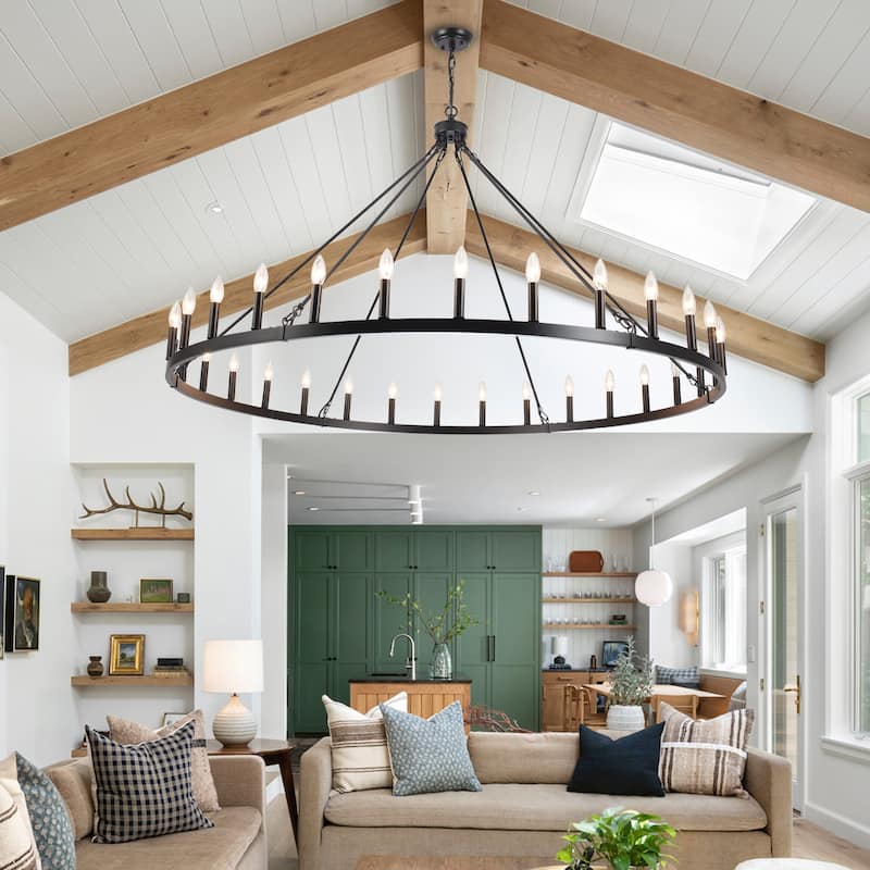 Vyolette 60 in. 30-Light Extra Large Farmhouse Round Wagon Wheel Chandelier, Classic Dining Room Living Room Chandelier