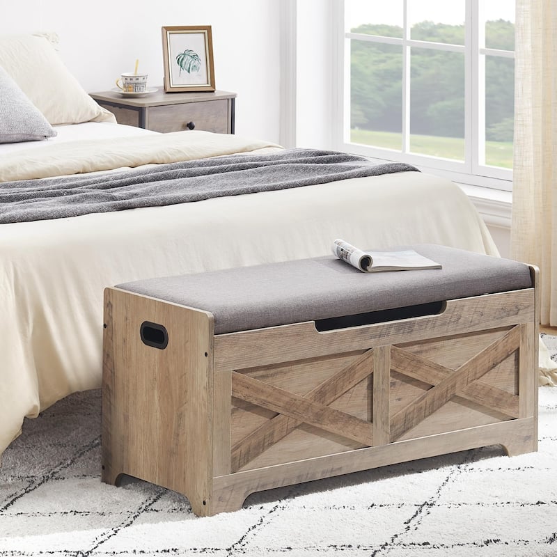 Farmhouse Grey Entryway Shoes Bench Lift-Top Wooden Storage Trunk