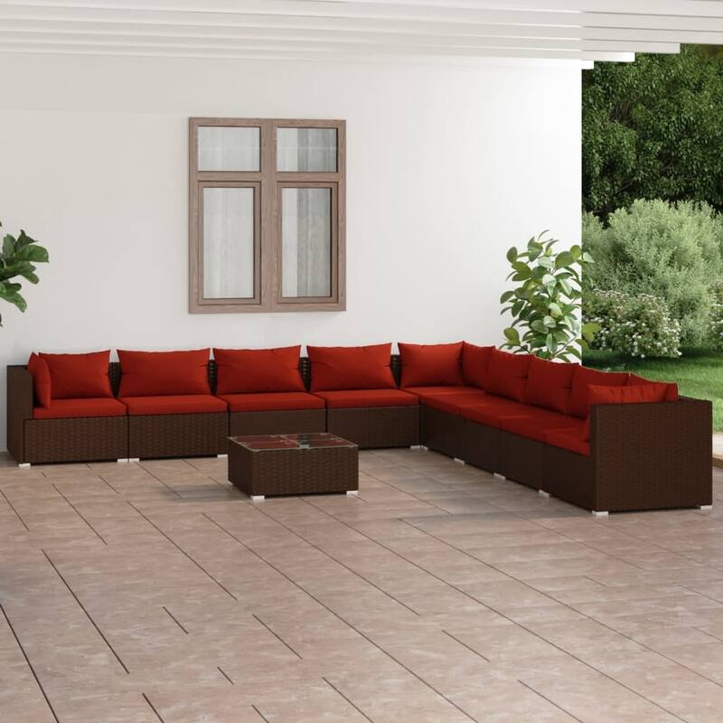 vidaXL Patio Lounge Set Outdoor Sectional Sofa Set Table Garden Poly Rattan - 27.6" x 27.6" x 23.8" - Brown/Cinnamon red 10 Piece