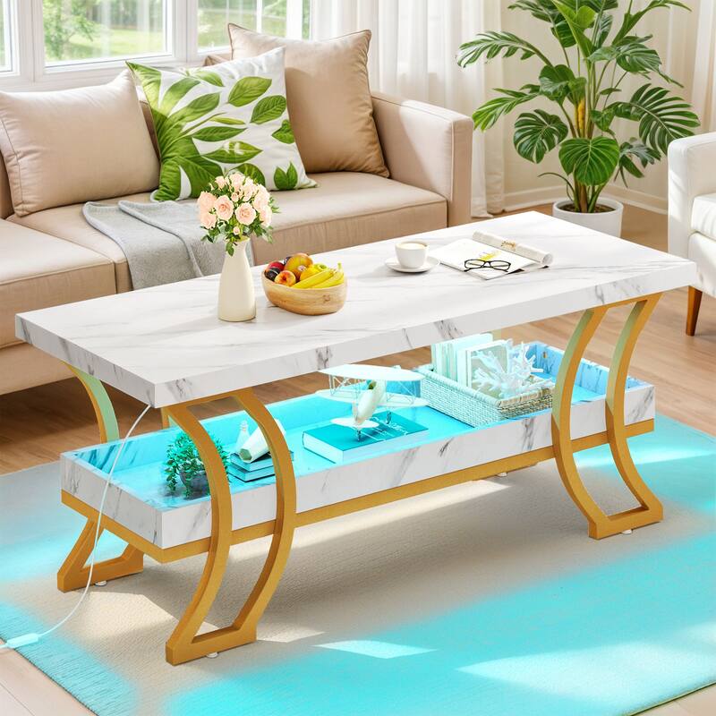 Moasis Modern Marbling Coffee Table 2-Tier Center Table with LED Lights