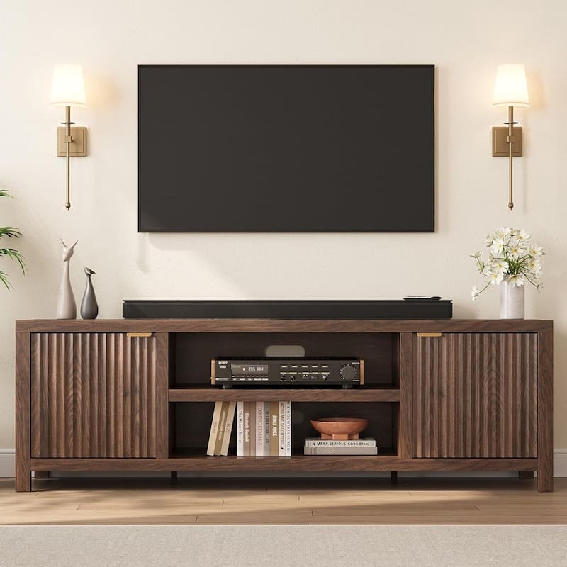 Fluted TV Stand for 80 inch TV, Entertainment Center with Adjustable Shelves - N/A - Walnut