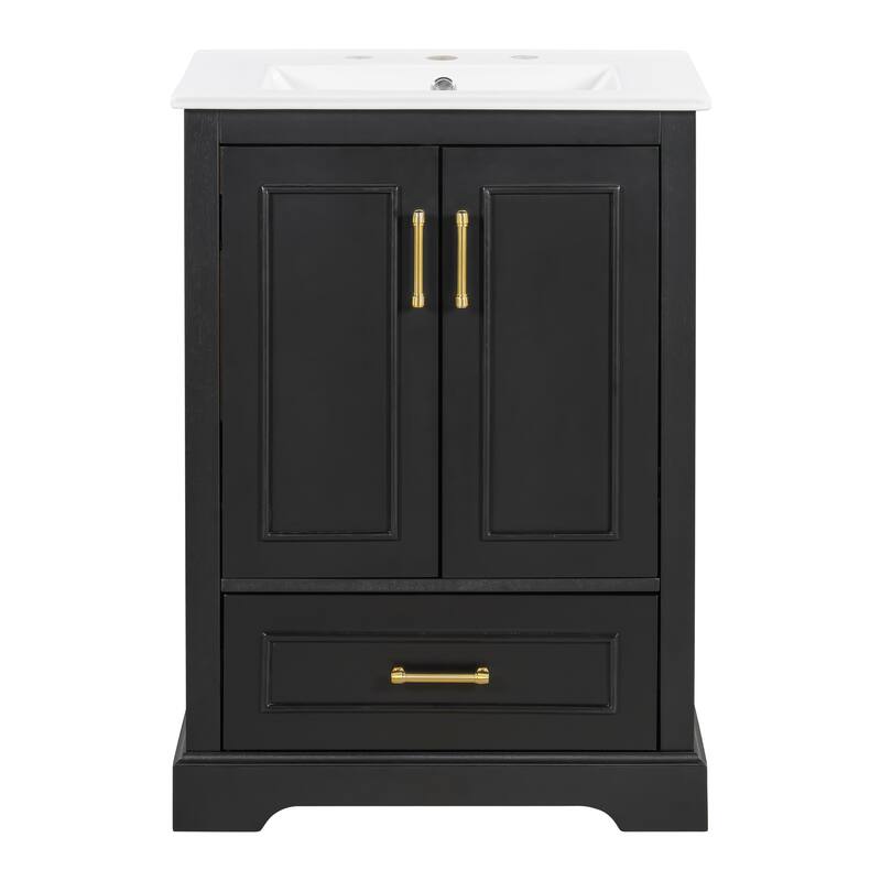 Bathroom Vanity with Ceramic Sink, Freestanding Bathroom Cabinet with Double Shelf, 1 Divided Drawer & 2 Soft Close Doors