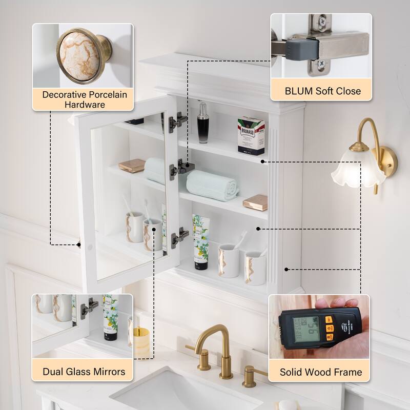 24"W X30"H Surface Mount Solid Wood Framed Medicine Cabinet With Mirror And Wooden Shelves