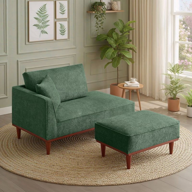 Upholstered Chaise Lounge and Stool for Living Room Bedroom, Quick assembly and maintenance Round wooden legs - Green