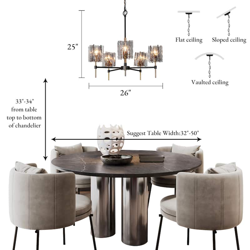 Kasy Modern 5-Light Wheel Chandelier Textured Glass Lights for Dining Room - D 26" x H 86" Max