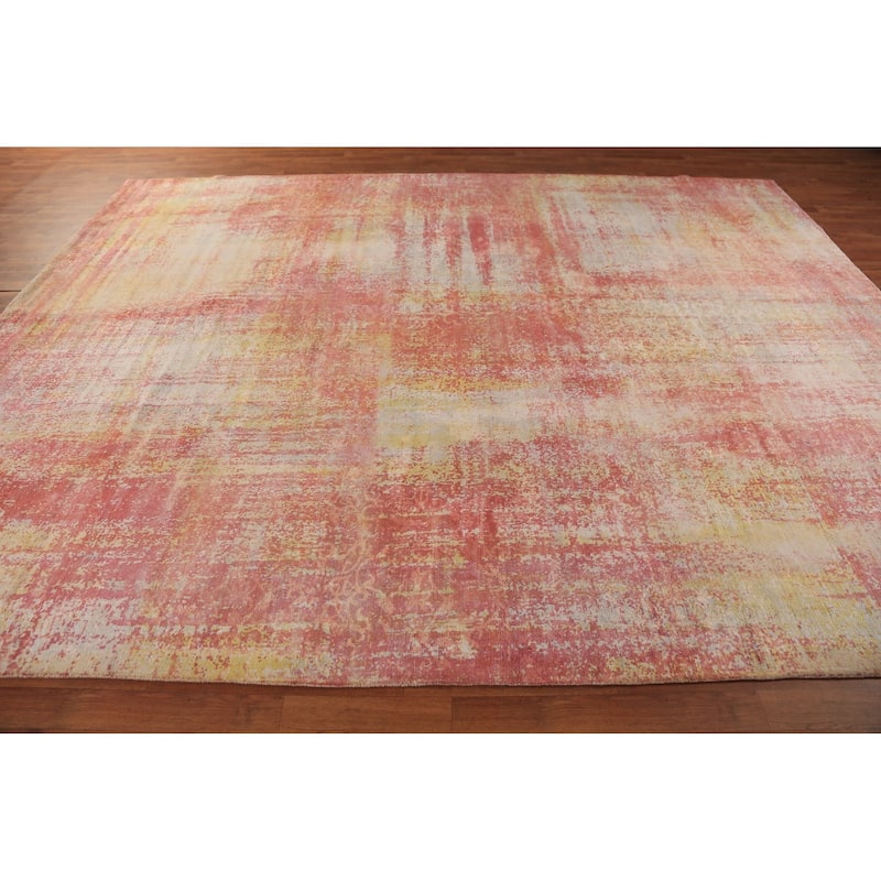Contemporary Abstract Indian Area Rug Hand-Knotted Orange Wool Carpet - 9'0"x 11'8"