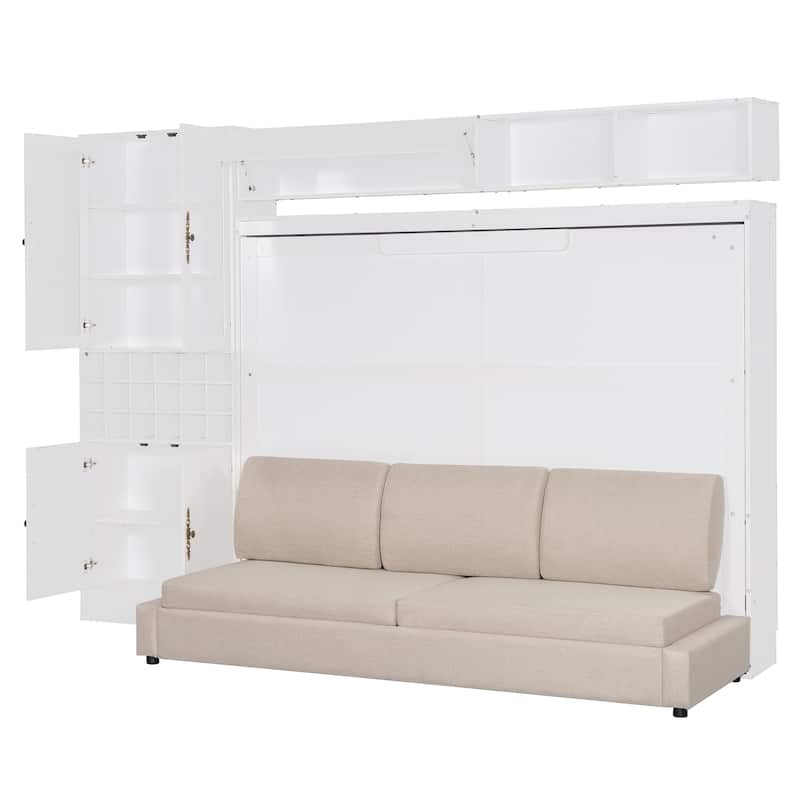 Queen Size MDF Murphy Bed with Sofa, Shelves and USB Charging Station