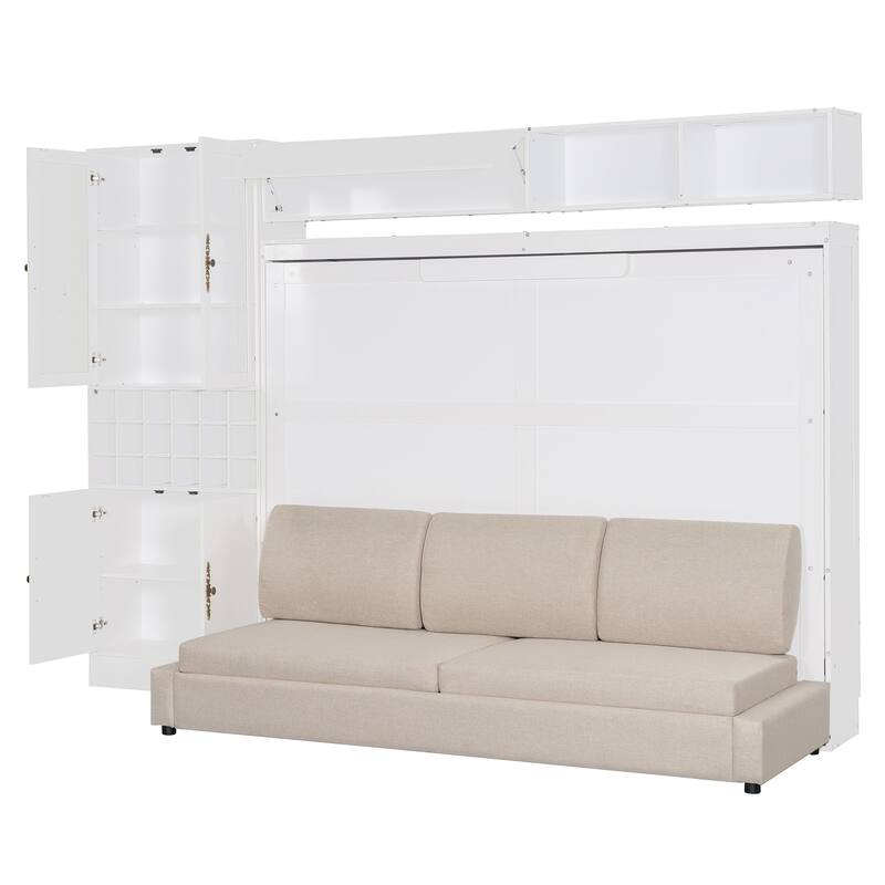 Queen Size Wall Bed with Sofa, Shelves, USB & Light, Space-Saving Design, Easy Storage, White