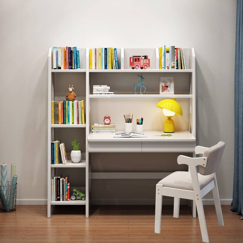 Wooden Kids Study Desk and Chair Set with Bookshelf and Storage Drawer