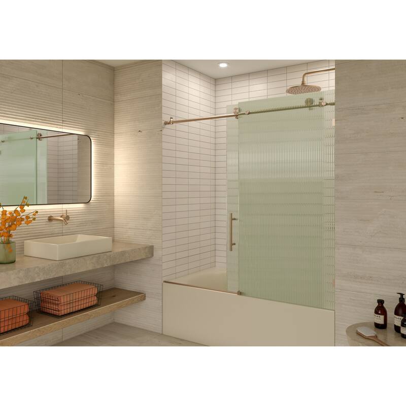 Galaxy 60 in. x 60 in. Fully Frameless Fluted Glass Sliding Bathtub Doors - Lefthand