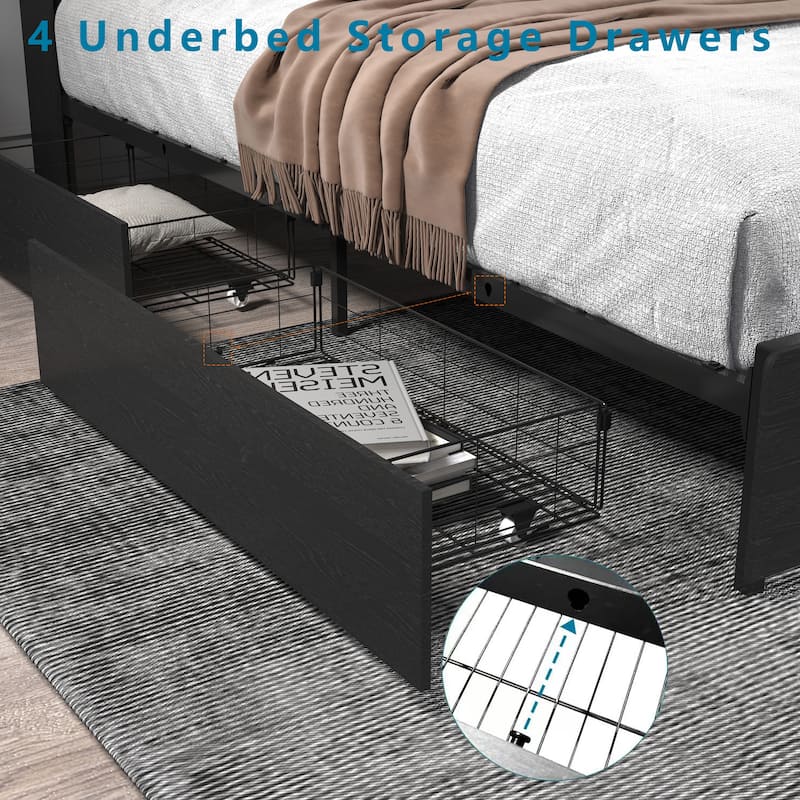 Platform Bed Frame with Storage Headboard, USB Charging Station, LED Lights, Storage Shelf, 4 Storage Drawers, No Noise, Black