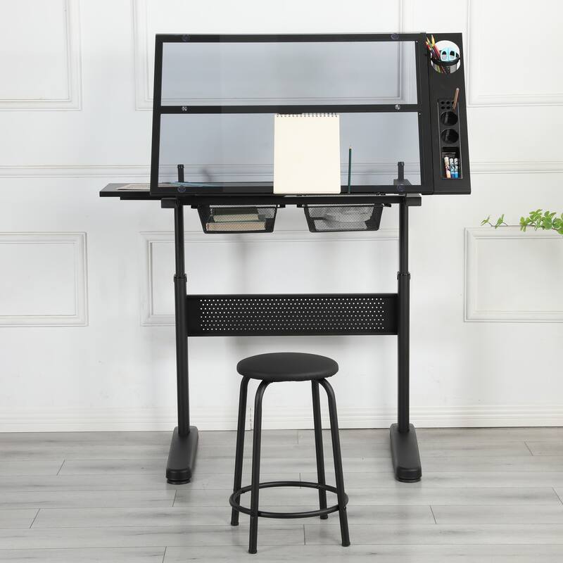 Hand crank adjustable drafting table drawing desk with 2 metal drawers WITH STOOL - Black