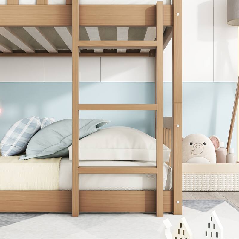 Roomfitters Twin Triple Bunk Bed, Rubber Wood Detachable Design with Ladders and Guardrails, Twin over Twin over Twin