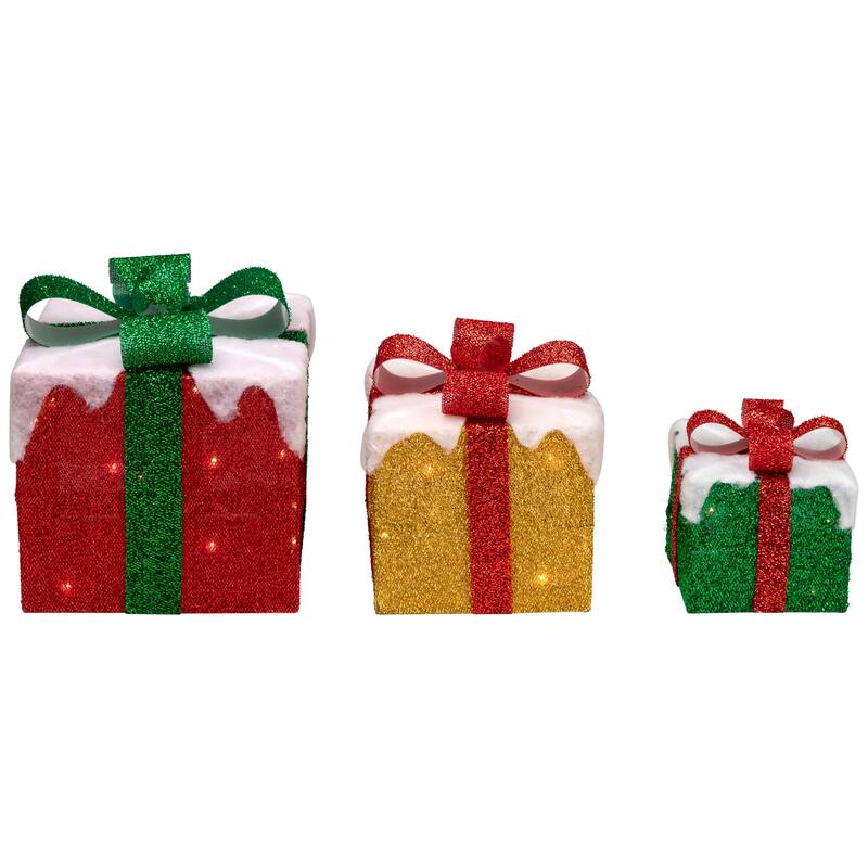 3 LED Green, Gold Red Snowy Gift Boxes Outdoor Christmas Decorations
