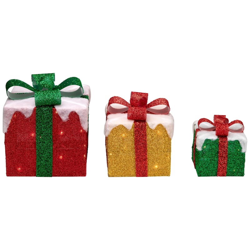 Set of 3 LED Lighted Green Gold and Red Snowy Gift Boxes Outdoor Christmas Decorations - 10"