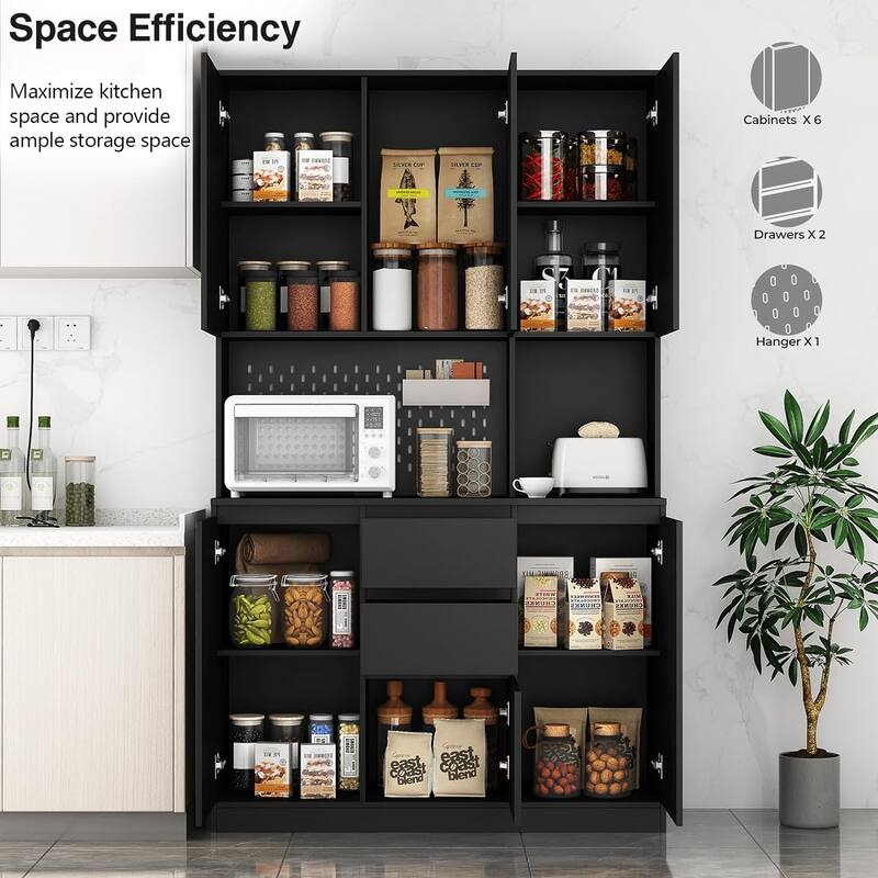 74" Freestanding Kitchen Pantry Cabinet Cupboard with 6 Doors,3 Shelves and 2 Drawer,Versatile Wardrobe & Kitchen Cabinet
