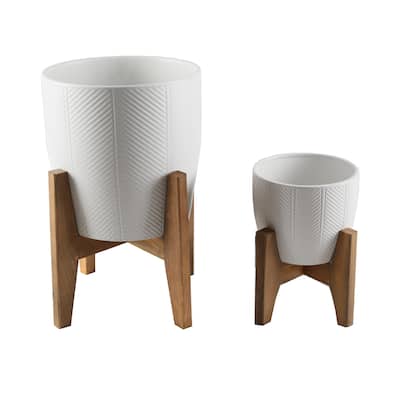 Mid-Century 10" & 6.6" Chevron Ceramic planter on Stand ， SET OF 2
