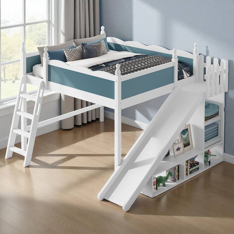 Full/Queen Loft Bed with Storage Shelves, Cabinet & Detachable Slide, Solid Wood Loft Bed with Ladders, No Box Spring - Light White Blue - Queen