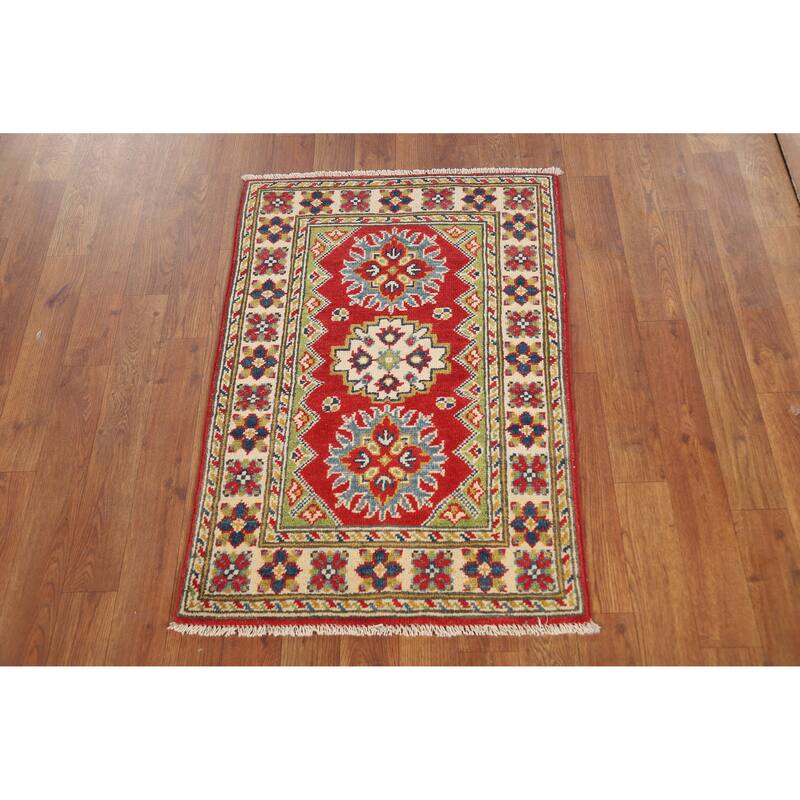 Geometric Kazak Oriental Accent Rug Hand-Knotted Wool Carpet - 2'0" x 3'0"