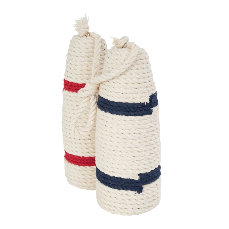 White or Brown Wood Handmade Coiled Striped Rope Buoy Sculpture with Joined Hanging Handle (Set of 2)