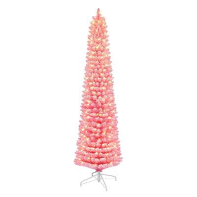 6.5' Flocked Pink Pencil Artificial Christmas Tree Clear Lights - 6.5 Foot