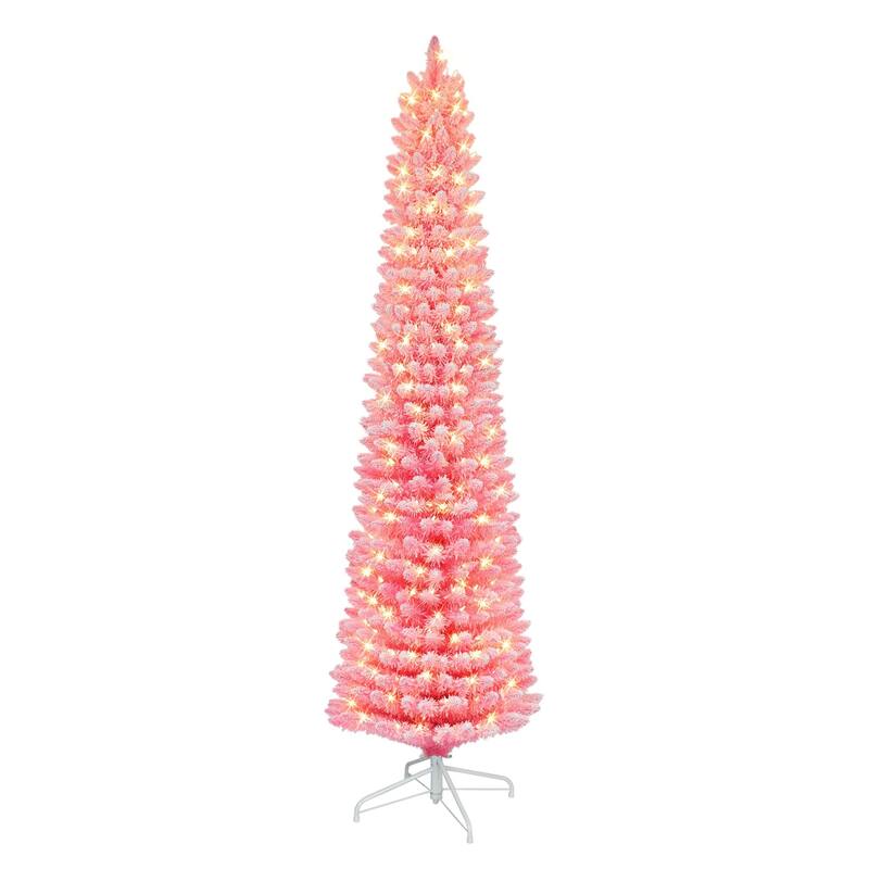 7.5' Flocked Fashion Pink Pencil Artificial Tree Clear Lights - 7.5 Foot