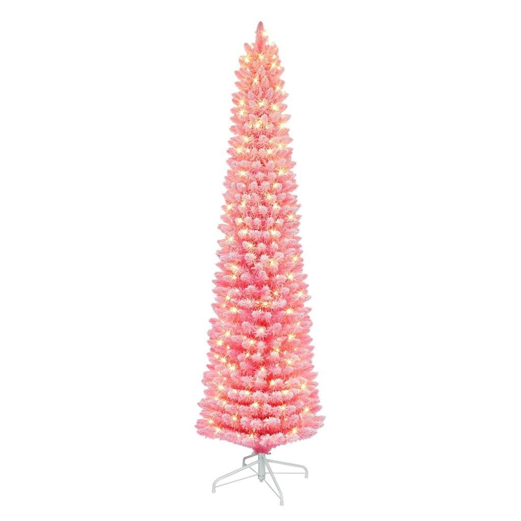 7.5' Flocked Fashion Pink Pencil Artificial Tree Clear Lights - 7.5 Foot