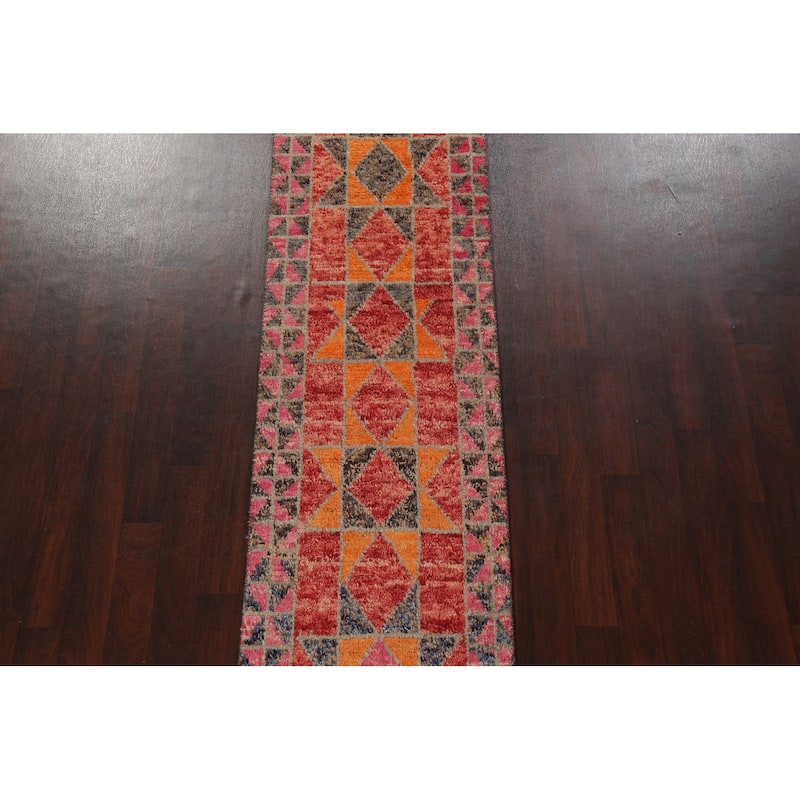 Geometric Moroccan Oriental Runner Rug Wool Handmade Staircase Carpet - 2'8" x 12'7"