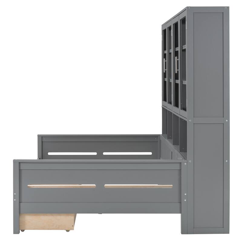 Full Size Solid Wood Storage Bed Frame with 2 Big Drawers Full Size Daybed with Glass-Door Storage Cabinets