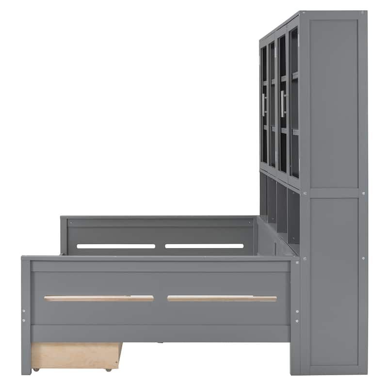 Full Size Wooden Daybed with Glass-Door LED Cabinet & Shelves - 600LB Capacity