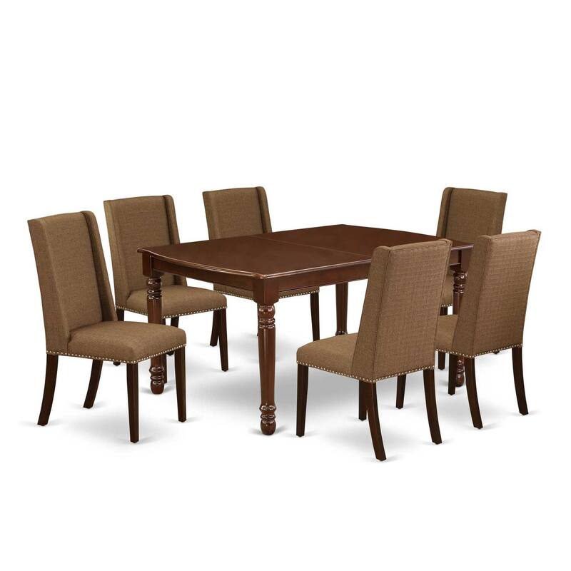 7-Piece Dining Set - Solid Wood Table & 6 Parson Chairs - Mahogany Finish