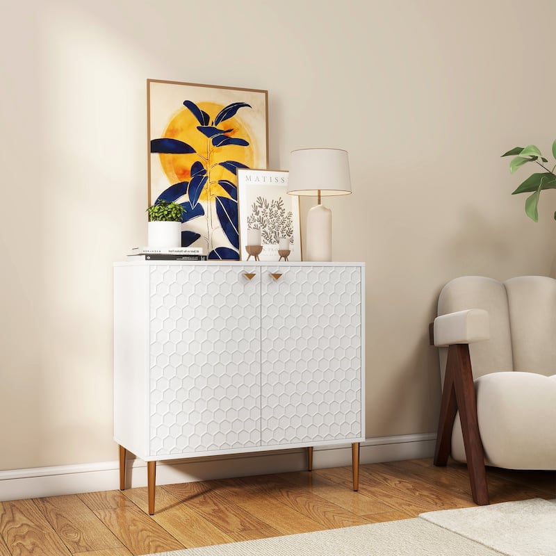 Hexagonal Pattern 2-door Storage Cabinet Buffet Cabinet Sideboard - White
