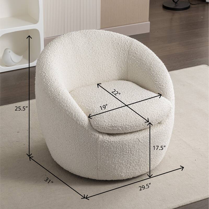 Cream White Modern 31" Boucle Upholstered Barrel Chair with 360° Swivel and Round Metal Base