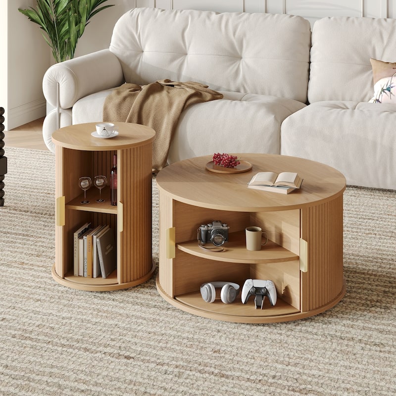Mid-Century Coffee Table Set of 2 with Sliding Tambour Door, Fluted Design and Golden Handles - Natural