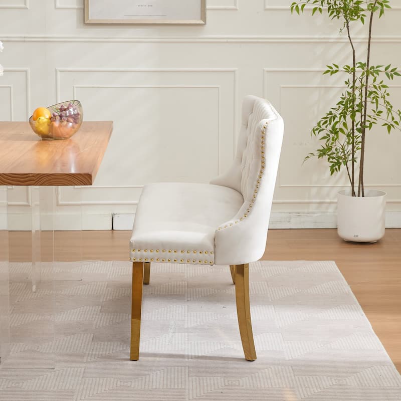 Velvet Double Dining Loveseat Bench, 2-Seat Tufted Bench w/Handmade Buttons, Wing Back, Gold-Plated Steel Legs, Single Pack