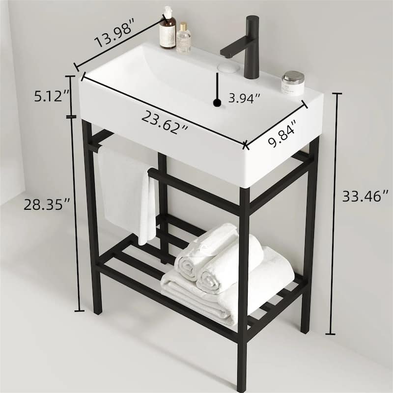 24" Bathroom Vanity Set with Ceramic Basin and Storage Shelves (No Faucet)