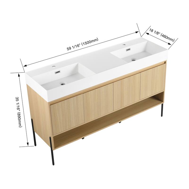 GDFStudio - Sydney Modern Freestanding Bathroom Vanity Cabinet with Double Resin Sink & 4-Soft Closing Doors - 60"