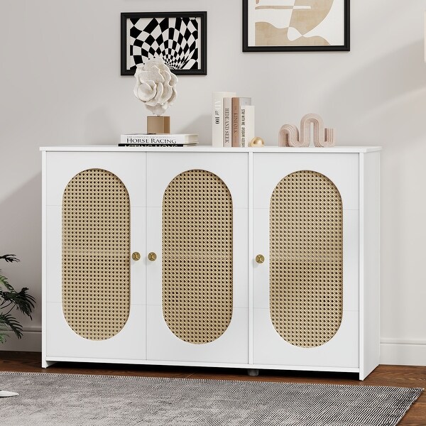 White Sideboard Buffet Cabinet with Large Storage Space 3 Doors Floor Accent Cabinet Artificial Rattan Doors Metal Handles