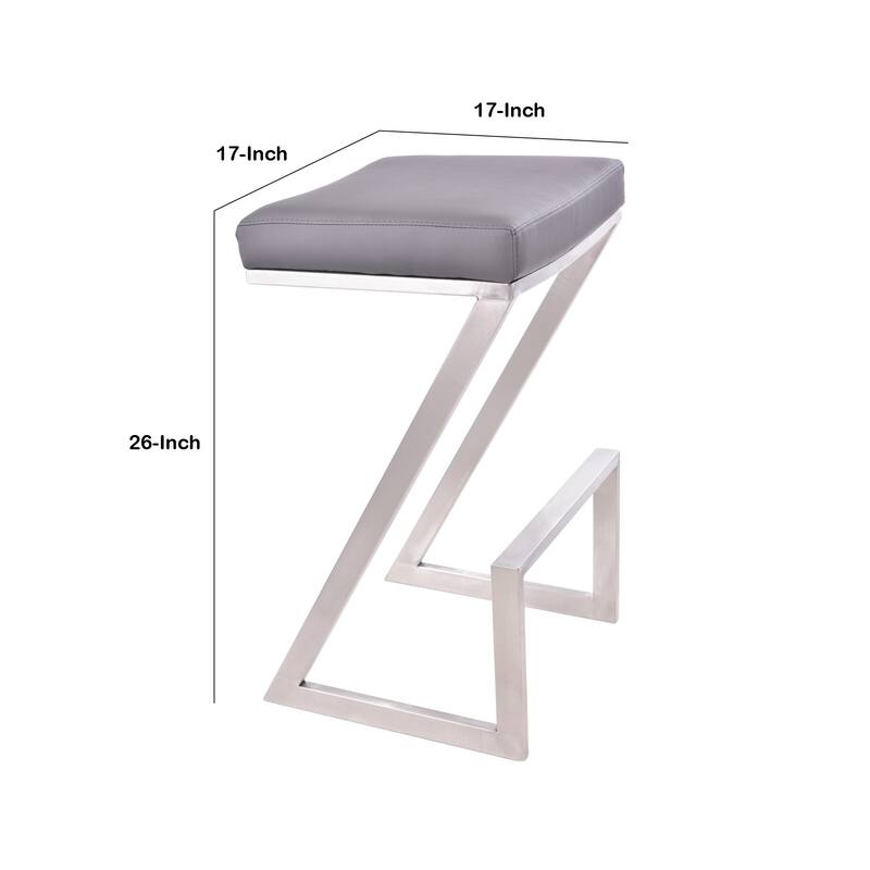 Z Shaped Metal Backless Barstool with Padded Seat, Silver and Gray