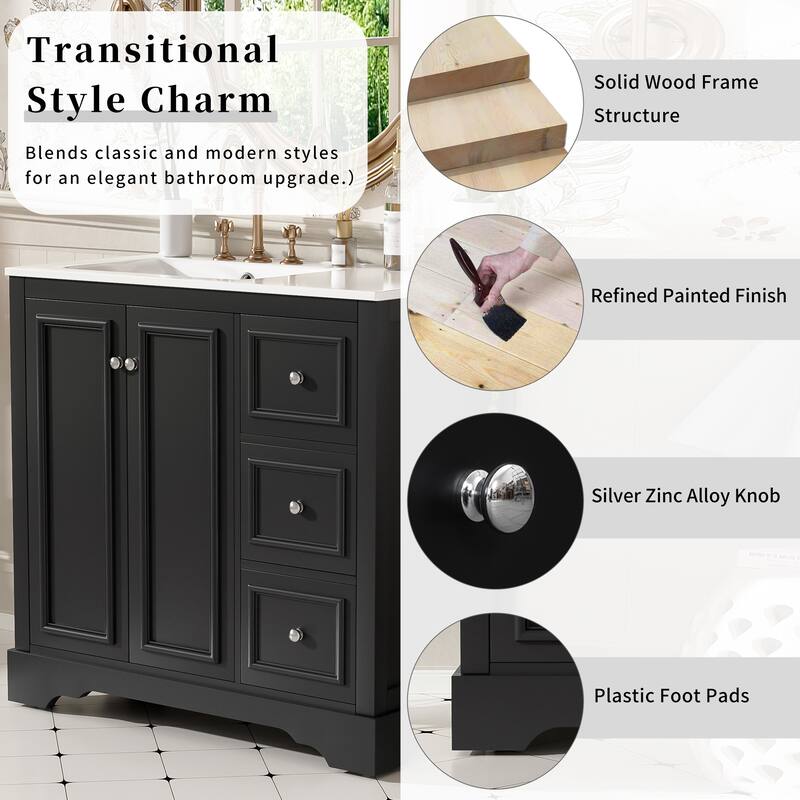 36'' Bathroom Vanity with ceramic sink Bathroom Storage Cabinet with Adjustable U-shaped shelf and 3 drawers