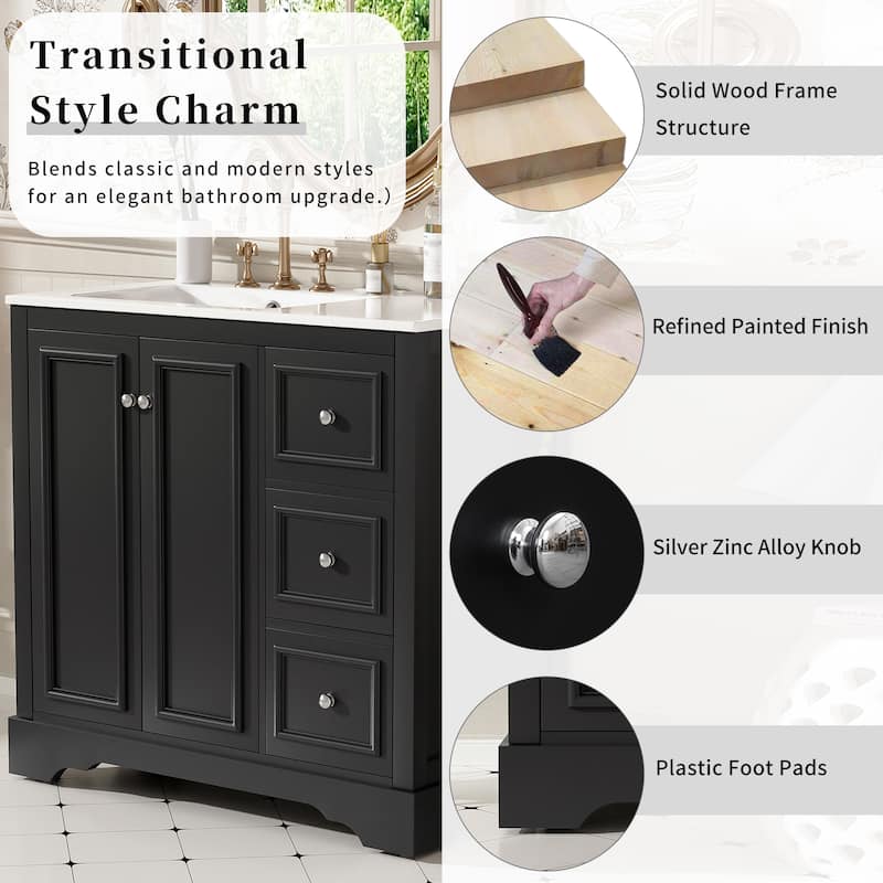 Roomfitters 36" Transitional Bathroom Vanity with Ceramic Sink, 2 Soft-Close Doors, Adjustable Shelf and 3 Drawers