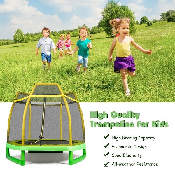 7FT Kids Trampoline W/ Safety Enclosure Net-Yellow - On Sale - Bed