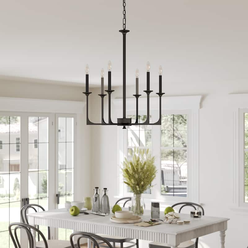 6-Light Matte Black Modern Chandelier, Height Adjustable Pendant