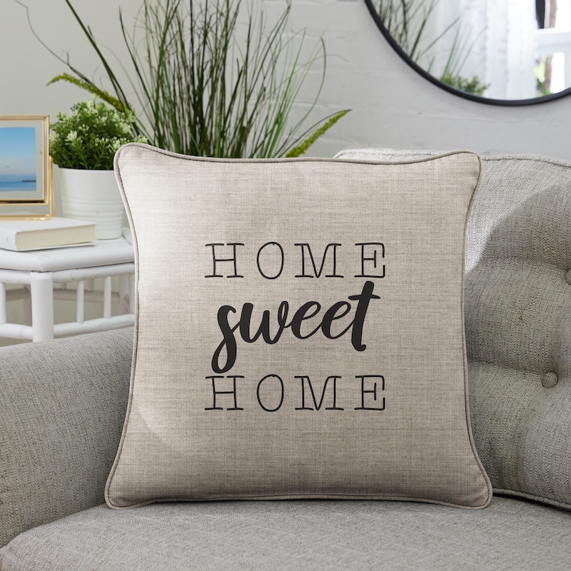 Sunbrella Indoor/Outdoor Single Embroidered Pillow - "Home Sweet Home" - 18 in L x 18 in W - Cast Silver with Black Words