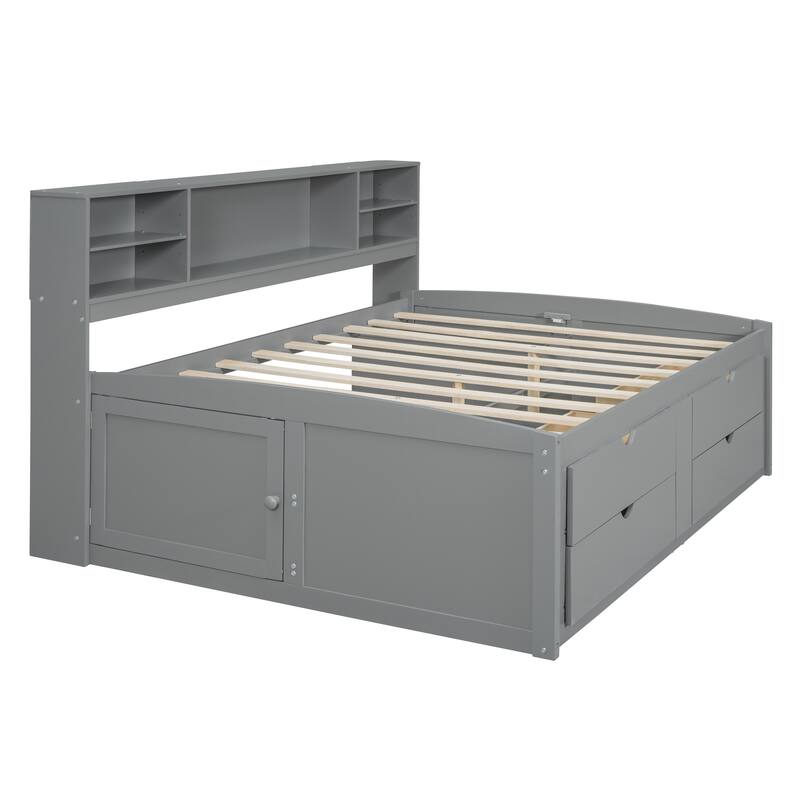 Full Size Wood Daybed with 2 Bedside Cabinets, Upper Shelves and 4 Drawers
