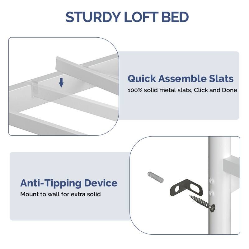 Metal Loft bed with 1 Desk,7 drawers,LED Light,Charging Sockets and Ladder