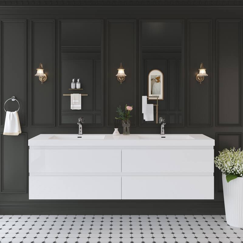 Modern Wall-Mounted Bathroom Vanity with White Solid Surface Top - 70.87'' x 19.69'' x 22.44'' - White and White