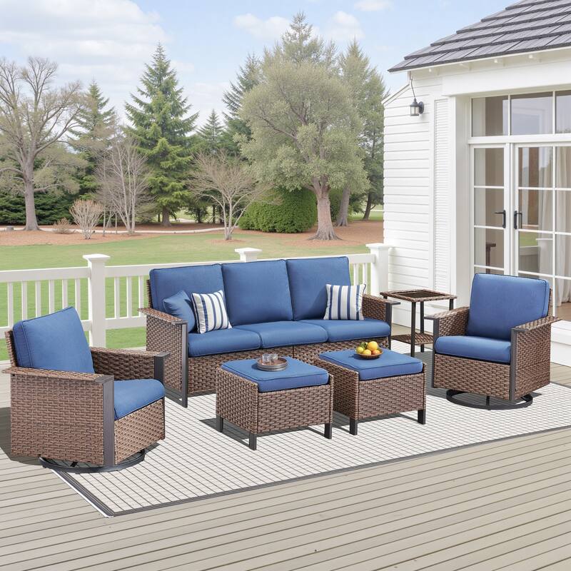 Pocassy Outdoor Wicker 5-Piece Sofa Swivel Chair Table with Ottoman - Brown Wicker Blue Cushion - 5-Piece Sofa Swivel Chair Table with Ottoman